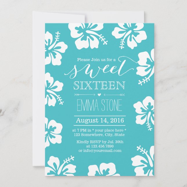 Invitation Hibiscus classique Fleur Turquoise Sweet 16 Annive (Devant)