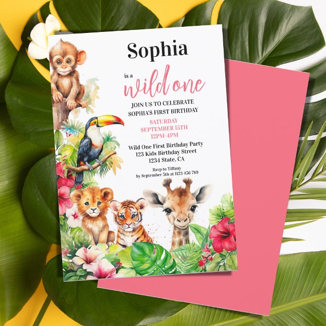 Invitation Hibiscus de la jungle tropicale d'été Un Anniversa (wild one first birthday tropical cute animals
)