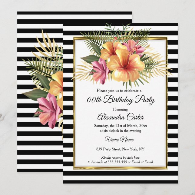 Invitation Hibiscus d'or noir blanc rayé Floral Anniversaire (Devant / Derrière)