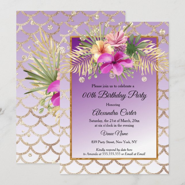 Invitation Hibiscus d'or violet fête d'anniversaire florale (Devant / Derrière)