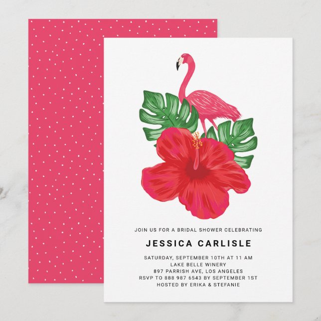 Invitation Hibiscus et Flamant rose rose Fête des mariées tro (Devant / Derrière)