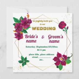 Invitation hibiscus, fleurs roses mariage géométrique