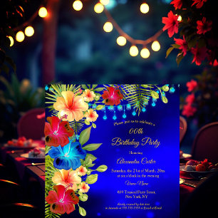 Invitation Hibiscus floral bleu tropical rouge jaune Annivers