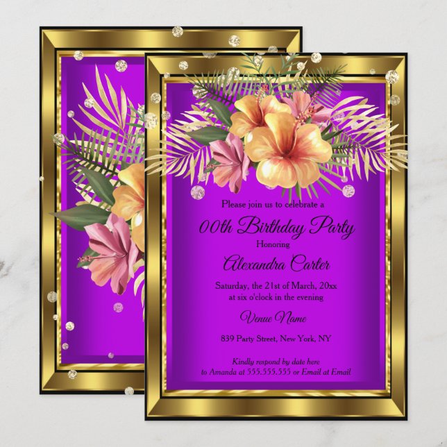 Invitation Hibiscus Floral d'or violet fête d'anniversaire (Devant / Derrière)