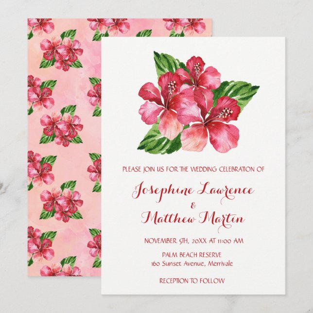 Invitation Hibiscus floral tropical Mariage d'aquarelle (Devant / Derrière)