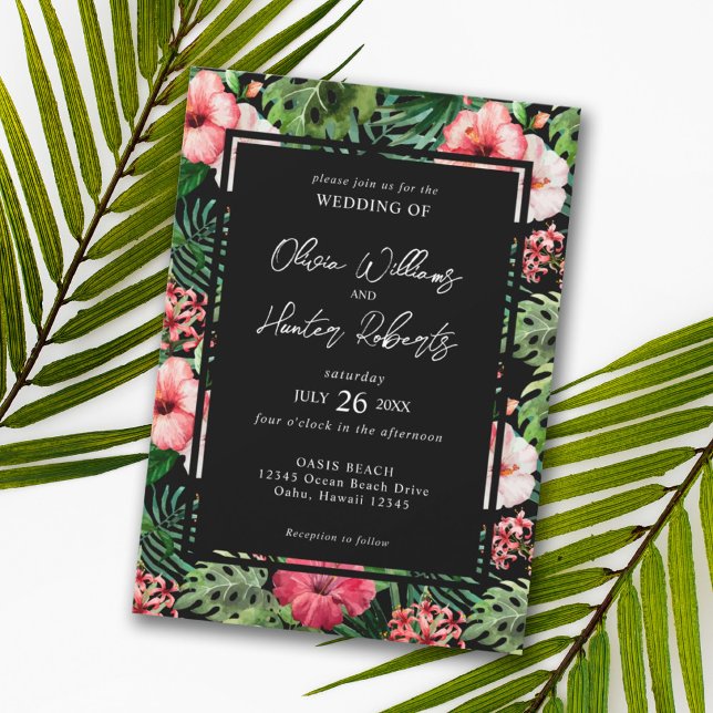 Invitation Hibiscus floral tropical Mariage noir (Créateur téléchargé)