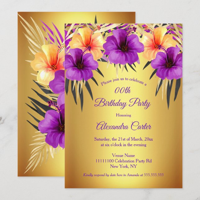 Invitation Hibiscus jaune doré palmiers fête d'anniversaire (Devant / Derrière)
