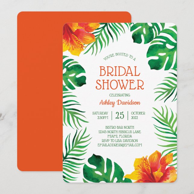 Invitation Hibiscus orange et Fête des mariées Feuille tropic (Devant / Derrière)
