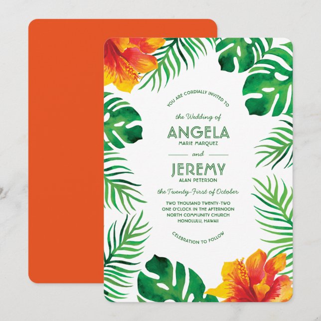Invitation Hibiscus orange et Feuilles tropicaux 2 Mariages (Devant / Derrière)