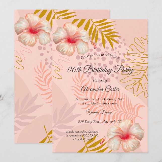 Invitation Hibiscus Pink Tropical Fête d'Anniversaire (Devant / Derrière)