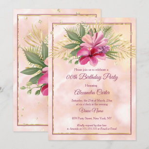 Invitation Hibiscus Plum en marbre rose or Anniversaire