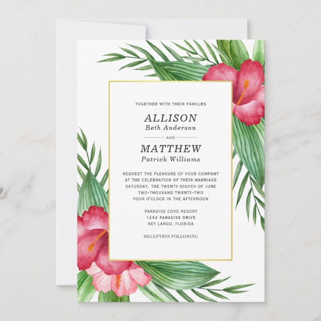 Invitation Hibiscus rose chaud Aquarelle Mariage tropical (Devant)