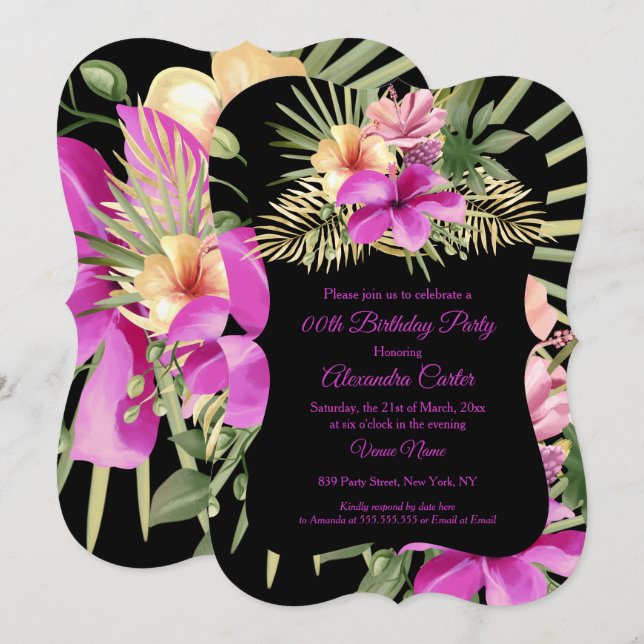 Invitation Hibiscus rose chaud noir Tropical Floral Party (Devant / Derrière)