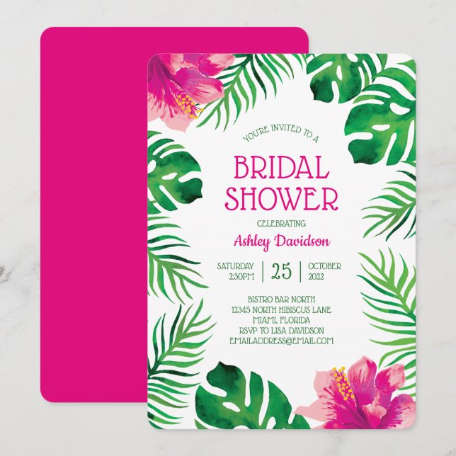 Invitation Hibiscus rose et Fête des mariées Feuille tropical (Devant / Derrière)