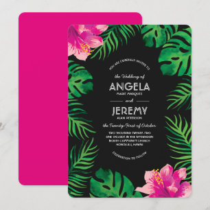 Invitation Hibiscus rose et Mariage Feuille tropical