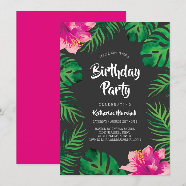Invitation Hibiscus rose Fête d'anniversaire des Feuilles tro (Devant / Derrière)