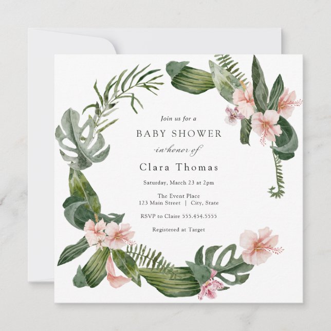 Invitation Hibiscus rose tropical Baby shower floral (Devant)