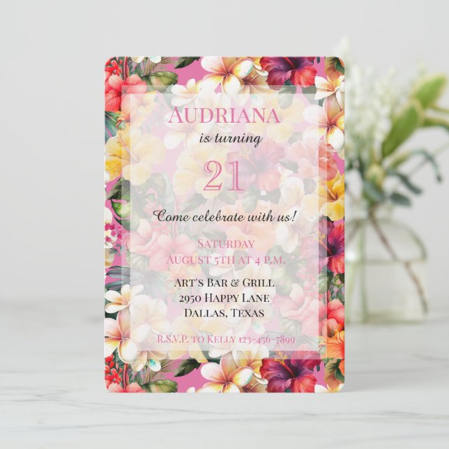 Invitation Hibiscus rose Tropical Fleurs Anniversaire (Debout devant)