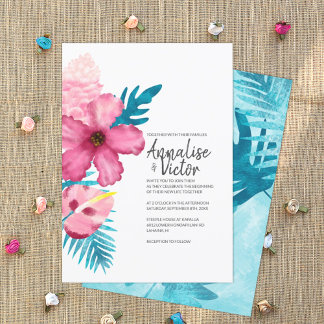 Invitation Hibiscus rose tropical Mariage de fougères turquoi