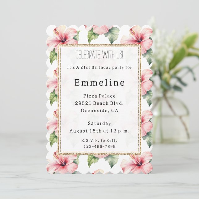 Invitation Hibiscus rose Tropical Parties scintillant or flor (Debout devant)