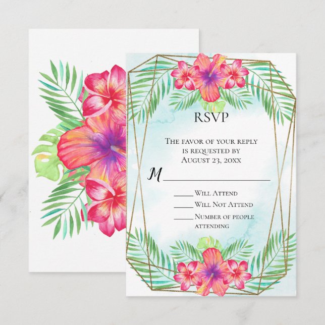 Invitation Hibiscus tropical Aquarelle Plage Mariage RSVP (Devant / Derrière)