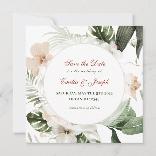 Invitation Hibiscus tropical boho pastel floral Enregistrer l (Devant)