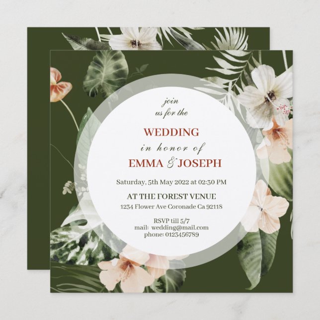 Invitation Hibiscus tropical boho pastel Mariage floral (Devant / Derrière)
