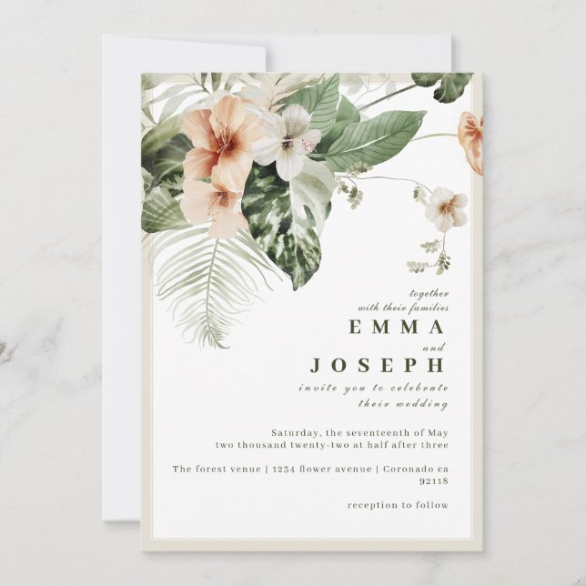 Invitation Hibiscus tropical boho pastel Mariage floral (Devant)