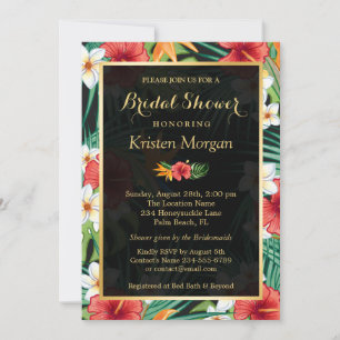 Invitation Hibiscus Tropical Floral Gold Frame Fête des marié