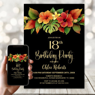 Invitation Hibiscus tropical Floral Noir 18ème anniversaire