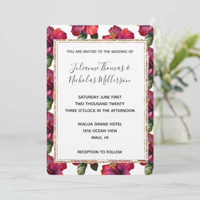 Invitation Hibiscus Tropical Rouge Cadre de Parties scintilla (Debout devant)