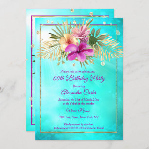 Invitation Hibiscus Turquoise bleu violet rose fête d'anniver