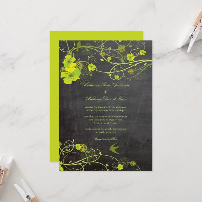 Invitation Hibiscus vert hirondelle Mariage de tableau à basc (Devant/Arrière en situation)