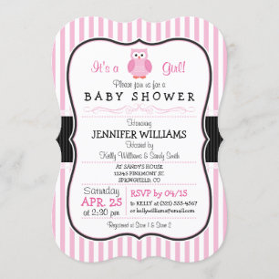Invitation Hibou; Baby shower à rayures roses