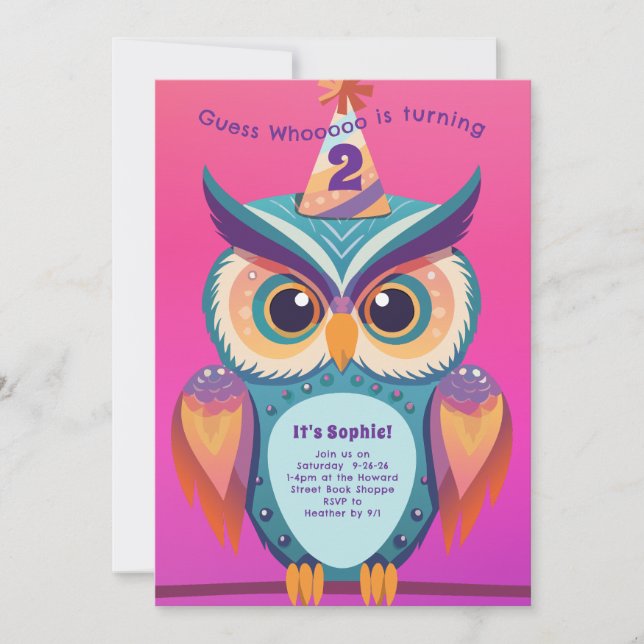 Invitation Hibou fête d'anniversaire enfants Bold (Devant)