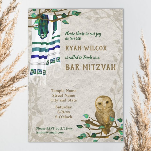 Invitation Hibou, Tallit de prière, Green Bar Mitzvah Invitat (beige, blue, teal owl nature forest bar mitzvah invitation with tallit prayer shawl)