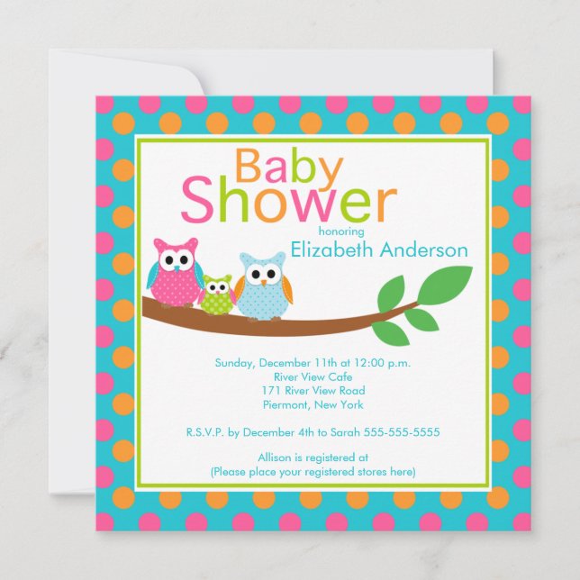 Invitation Hiboux de maman et de papa avec le baby shower de (Devant)