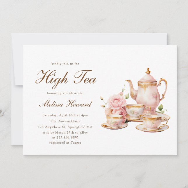 Invitation High Tea Pastel Gold Bridal Shower (Devant)