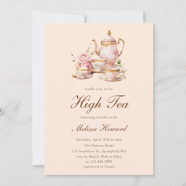 Invitation High Tea Pastel Orange Gold Bridal Shower (Devant)