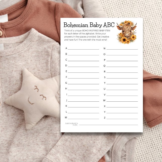 Invitation Highland Cow Boho Baby ABC Shower Game Card (Créateur téléchargé)