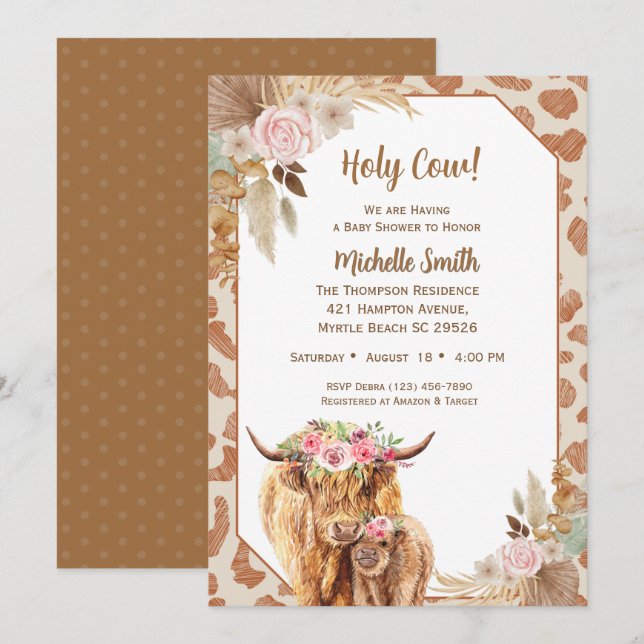 Invitation Highland Cow Boho Floral Baby shower Brown (Devant / Derrière)