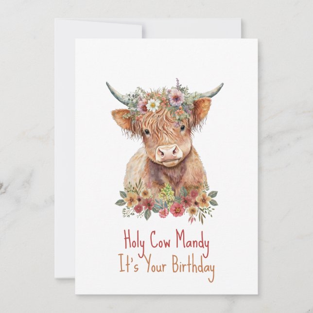 Invitation Highland Cow Cute Floral Anniversaire (Devant)