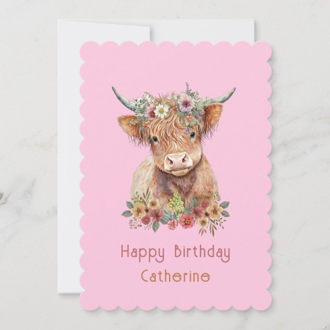 Invitation Highland Cow Cute Floral Anniversaire Aquarelle ro (Devant)