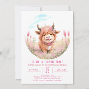 Invitation Highland Cow et Fleur sauvage Anniversaire