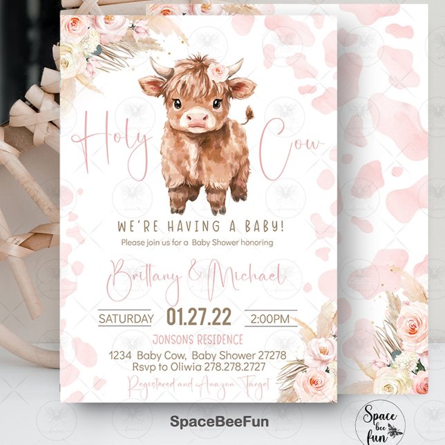 Invitation Highland Cow Holy Cow fille baby shower (highland cow baby shower, holy cow baby shower, baby shower invitation, girl baby shower, farm anima)