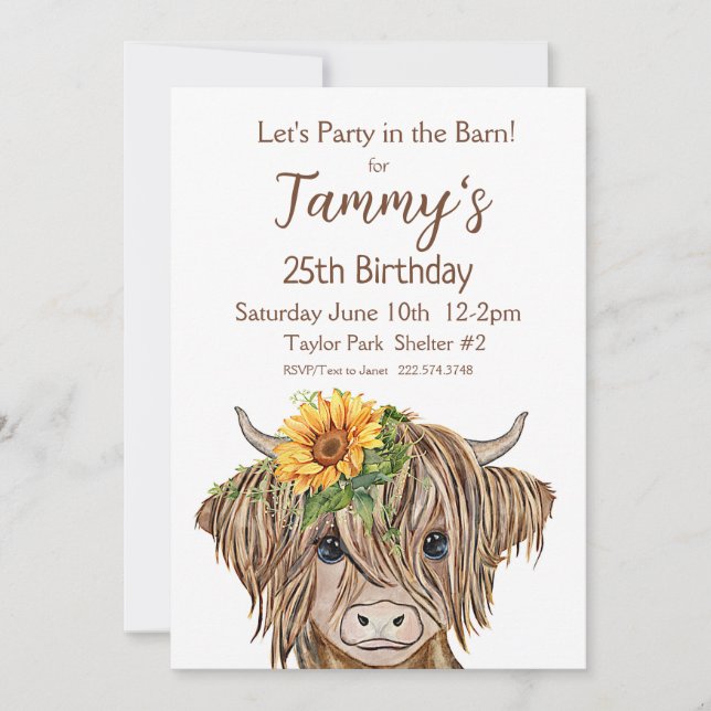 Invitation Highland Cow Invitation, fête d'anniversaire de la (Devant)