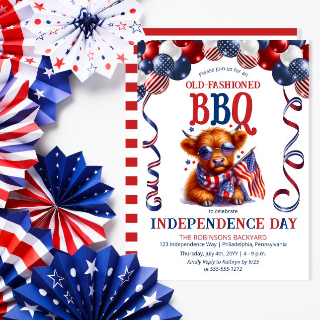 Invitation Highland Cow | Lunettes de soleil 4 juillet soirée (Balloon Arch Cute Cool Highland Cow Calf Sporting Sunglasses Independence Day BBQ July 4 Invitation)
