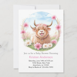 Invitation Highland Cow Meadow Whimsy Pink Girl Baby shower