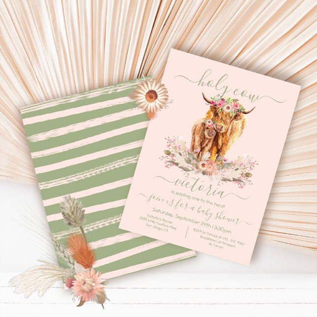 Invitation Highland Cow Momie & Baby shower rose floral (Créateur téléchargé)