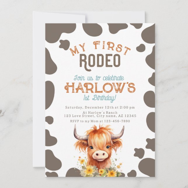 Invitation Highland Cow Mon premier rodéo 1er anniversaire (Devant)